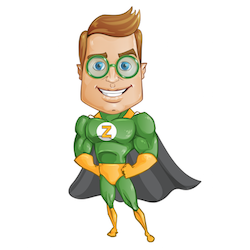 A cartoon superhero wearing glasses and a cape.