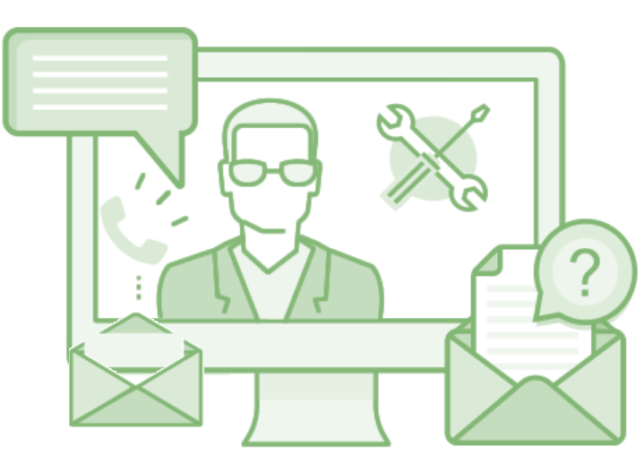 A green icon with a man on a computer screen.
