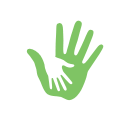 A green hand holding a child's hand.