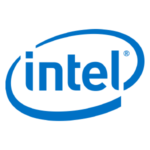 A blue logo of intel on a black background