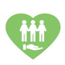 A green heart with three people and a hand below it.