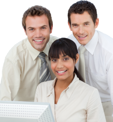 Three people are smiling while looking at a computer.